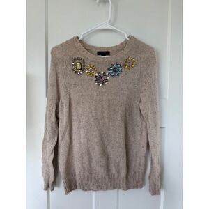 J. Crew Embellished Jeweled wool Sweater XS Speckled Tan Crew Neck Long Sleeve